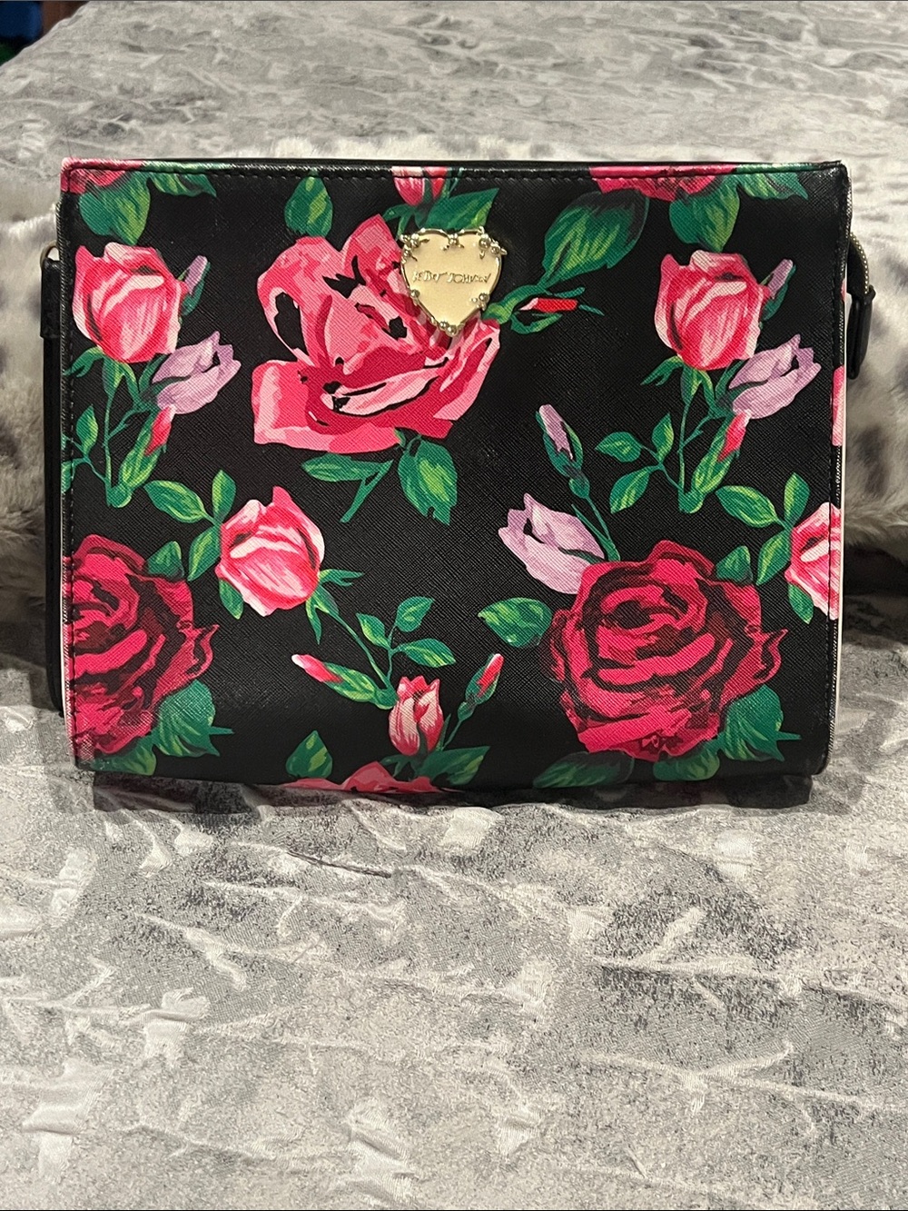 Betsy Johnson Black Floral Rose Print Zip Wristlet Clutch with Removable Strap